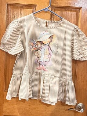 Cute lady’s  Beige Stripe Peplum Top with Floral Girl Print